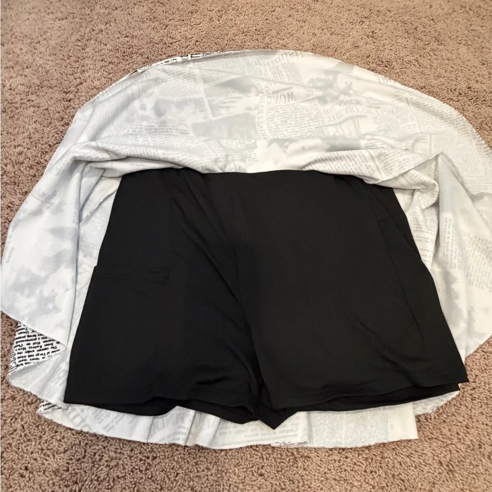 XL SHEIN Newspaper Print Black & White Skater Skirt built in shorts